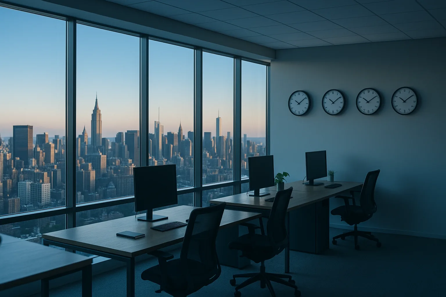 A modern NTL of NYC office overlooking a world city at golden hour with international time-zone clocks — eight global branches, one accountable team.
