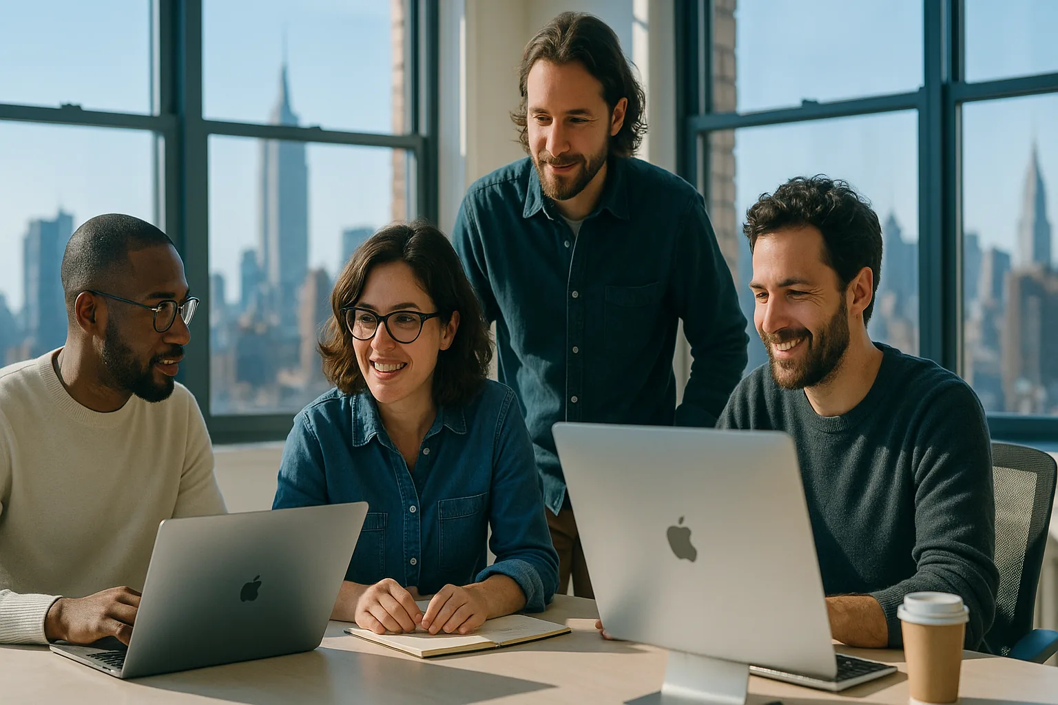 The NTL of NYC team collaborating in a bright Manhattan office with the New York City skyline beyond — one accountable web and SEO team since 2007.