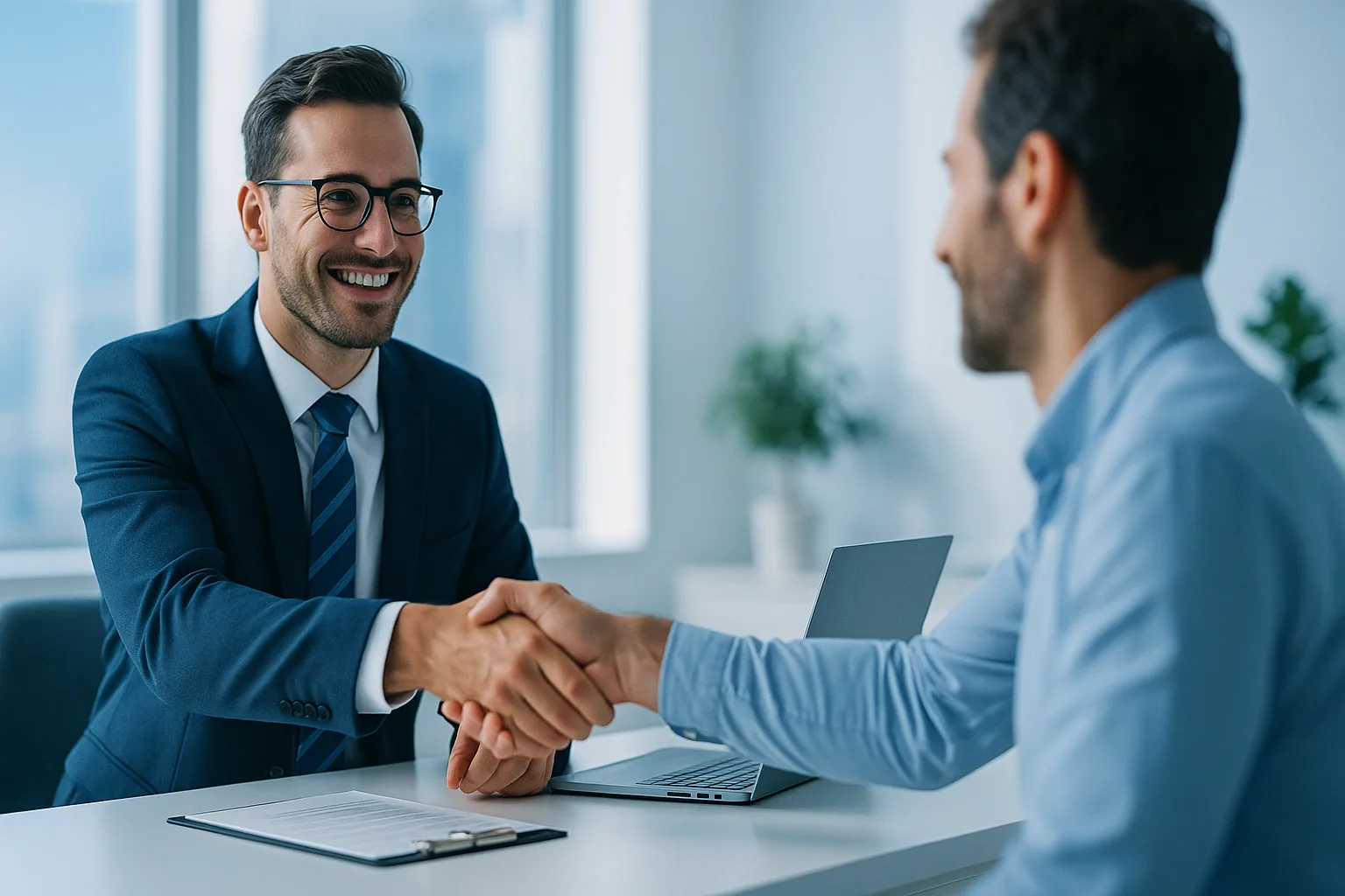 An NTL of NYC professional shaking hands with a satisfied client in a bright modern office — trust, accountability and long-term partnership.