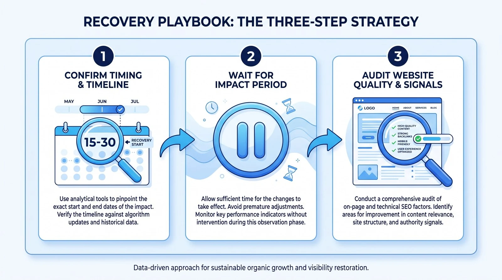 Three-step Google spam update recovery playbook infographic: confirm the timing and timeline, wait for the impact period, then audit website quality and signals