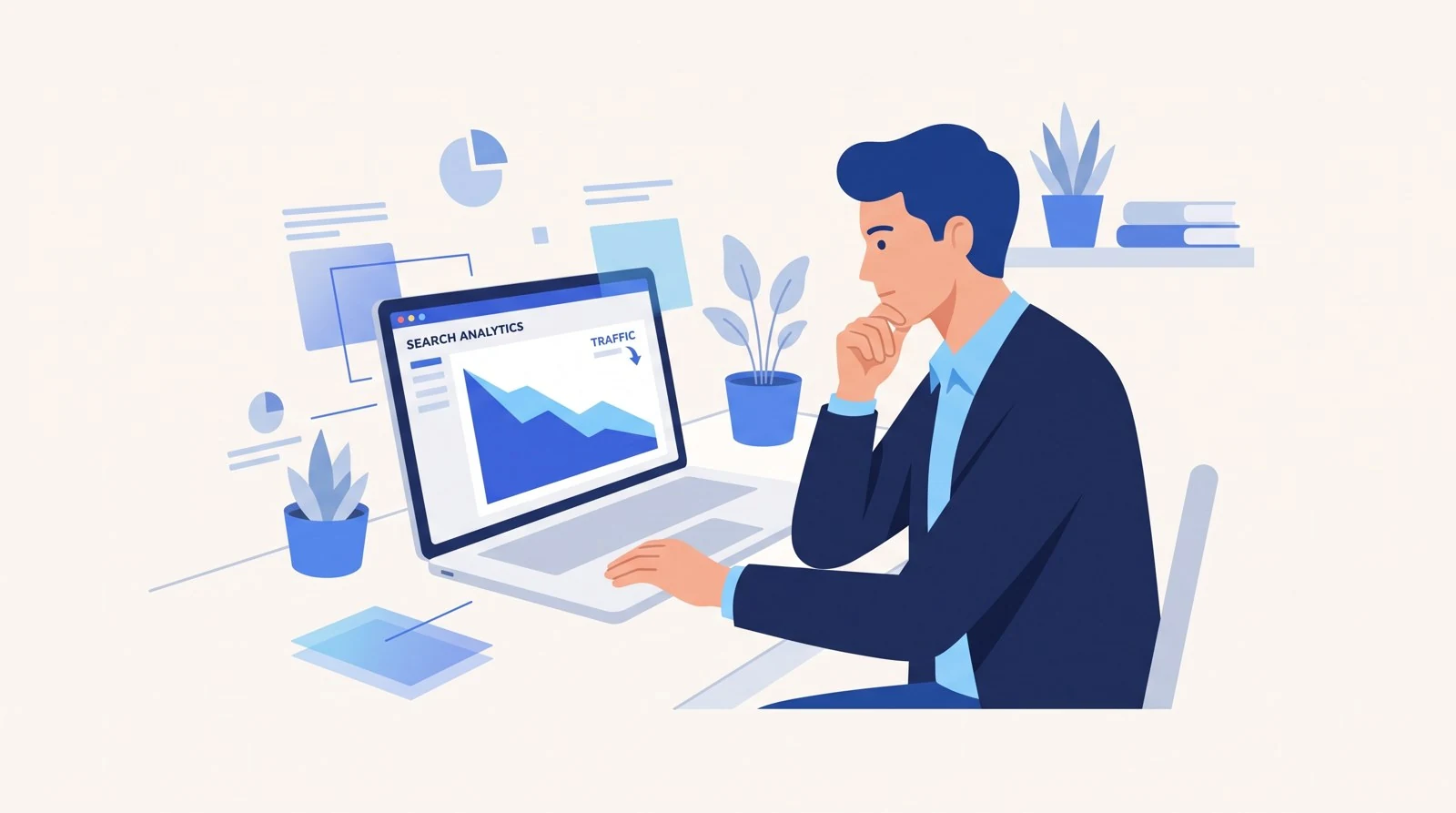 A marketer calmly studying a declining search analytics and traffic graph in Google Search Console after a Google algorithm update