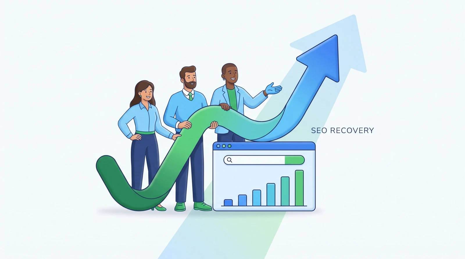 An SEO team rebuilding search rankings into steady upward growth after a Google algorithm update, shown as a rising arrow over a search bar and traffic chart