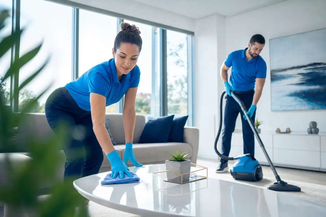 Two cleaners in blue uniforms cleaning a bright modern living room — cleaning-company websites and local SEO by NTL of NYC.