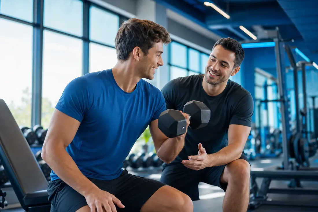 Personal trainer coaching a client with a dumbbell in a modern gym — fitness and wellness websites and SEO by NTL of NYC.
