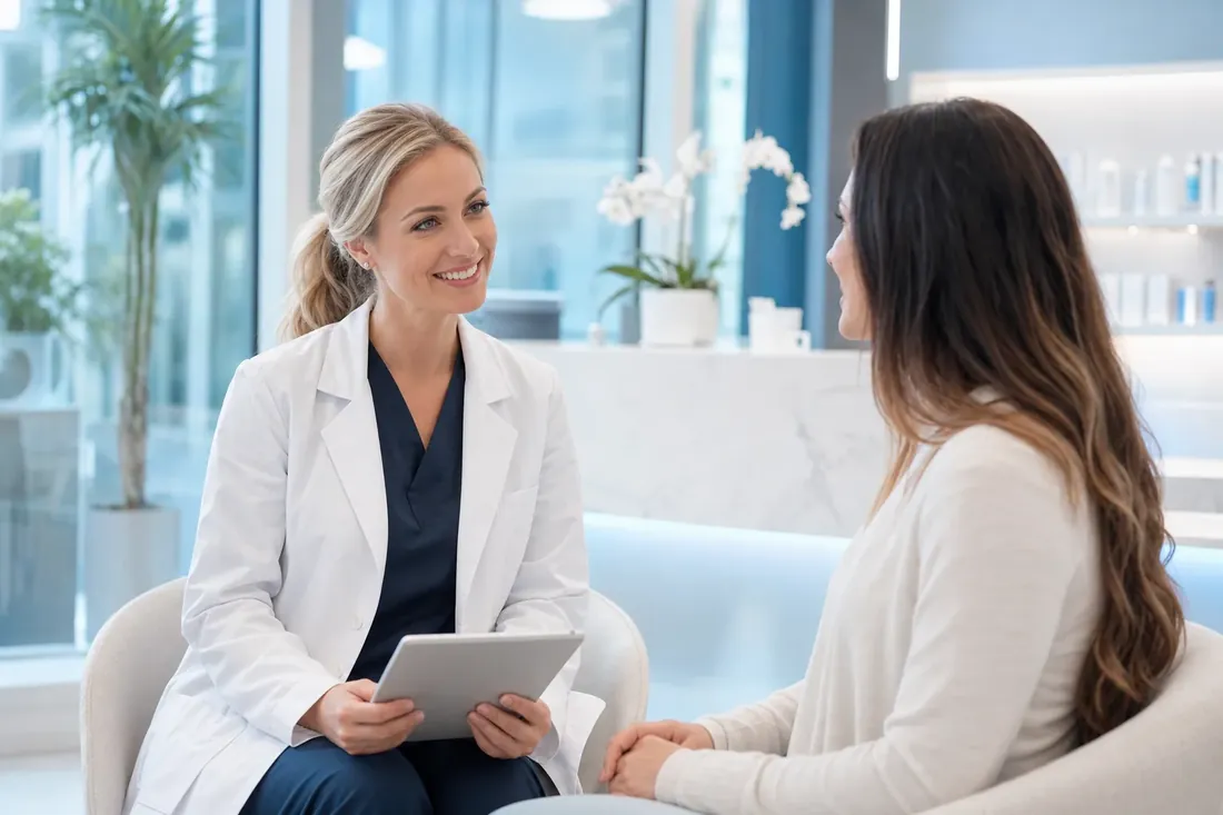 Doctor in a white coat consulting a patient in a bright modern clinic — healthcare and med-spa websites and SEO by NTL of NYC.