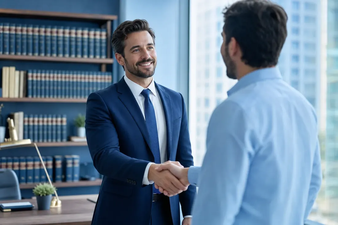 Attorney in a navy suit shaking hands with a client in a modern law office — law firm websites and SEO by NTL of NYC.