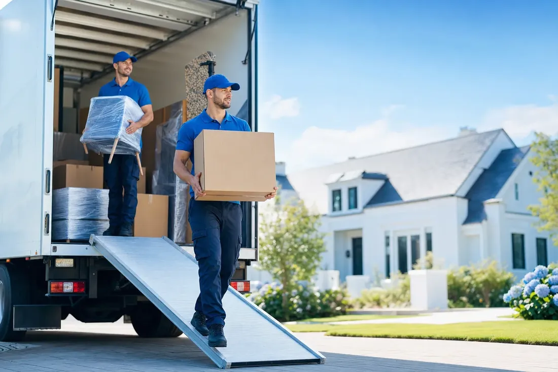Professional movers in blue uniforms carrying boxes down a truck ramp outside a suburban home — website, local SEO and lead generation for moving companies by NTL of NYC.
