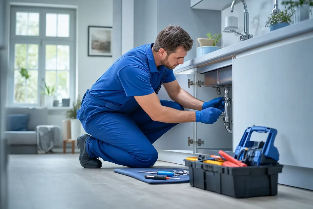 Plumber in a blue uniform repairing a pipe under a kitchen sink with tools nearby — plumbing and trades websites and local SEO by NTL of NYC.
