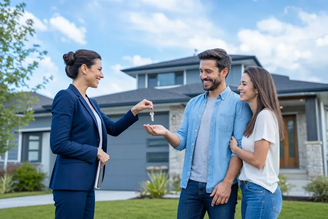 Real estate agent handing house keys to a happy couple in front of a modern home with a sold sign — real estate websites, local SEO and lead generation by NTL of NYC.