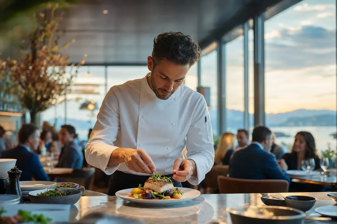 Chef plating a dish in an upscale waterfront restaurant with diners in the background — restaurant websites, menu SEO and marketing by NTL of NYC.