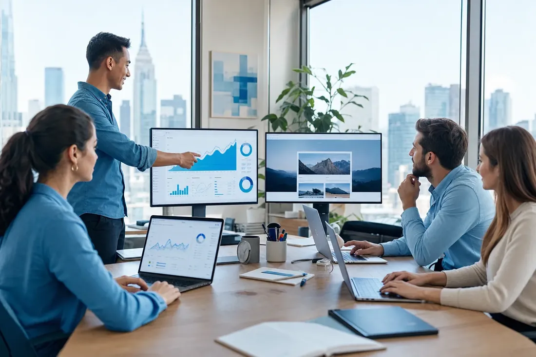 A digital marketing and web team in a New York office reviewing upward growth analytics and a website design — practical SEO, marketing, automation and growth insights from NTL of NYC