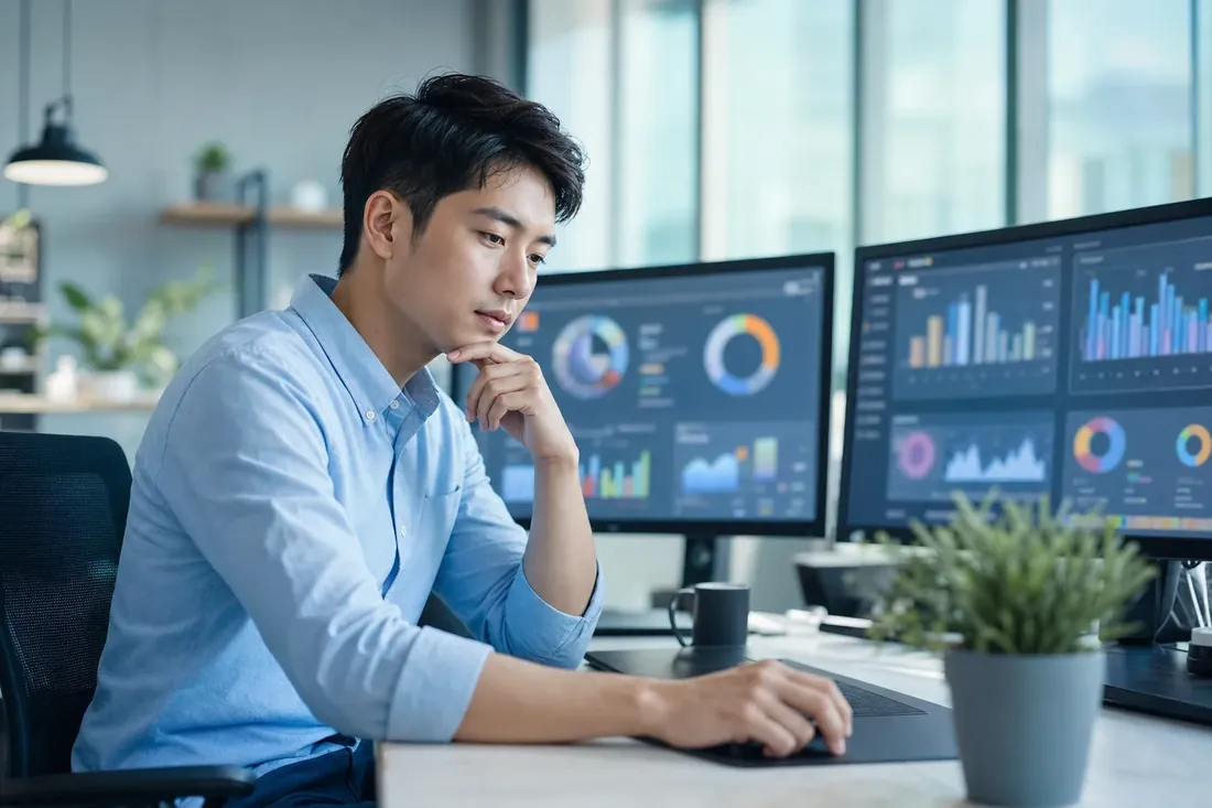 Analyst reviewing performance dashboards and advertising charts on dual monitors — analytics and paid media by NTL of NYC.