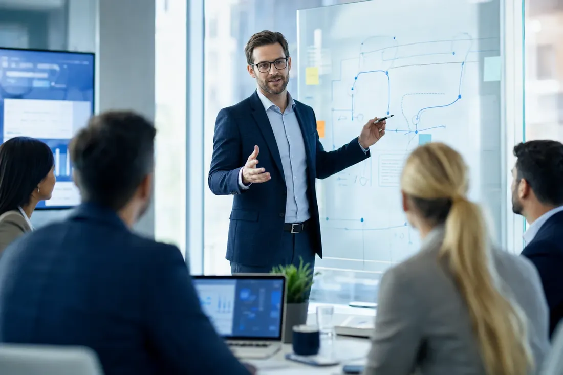 Consultant presenting a strategy roadmap on a whiteboard to a small business team — consulting and roadmaps by NTL of NYC.