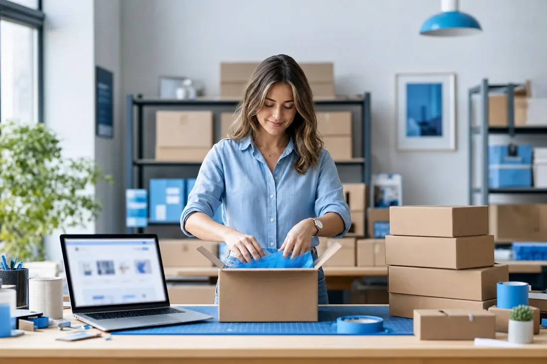 Small-business owner packing online-order boxes beside a laptop showing a storefront — e-commerce websites and growth by NTL of NYC.