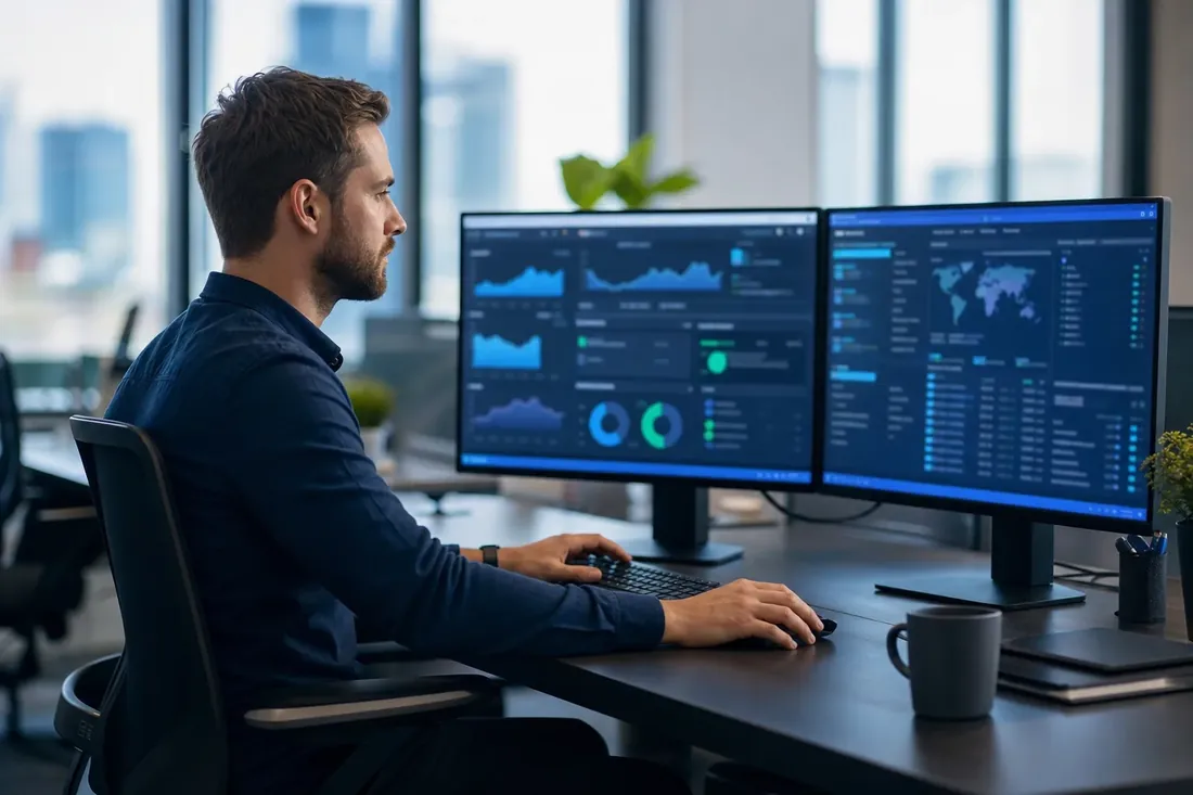 IT engineer monitoring website uptime and server dashboards on two screens — hosting and maintenance by NTL of NYC.