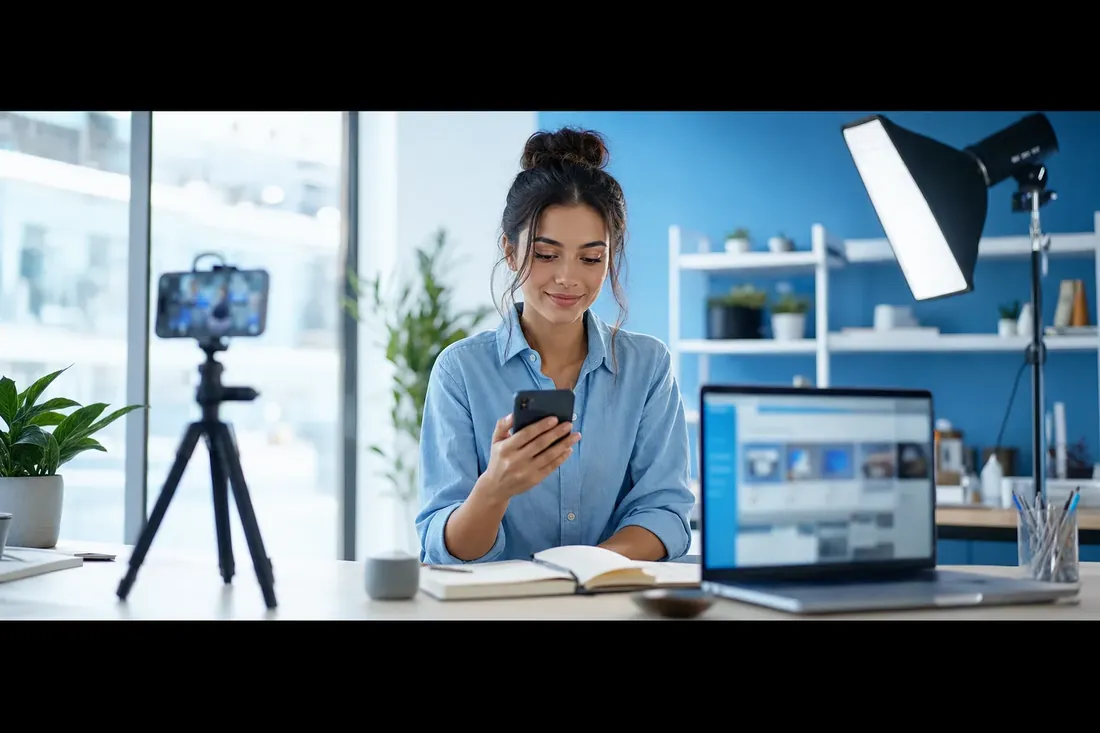 Content creator reviewing social media posts on a phone and laptop in a bright studio — social media management by NTL of NYC.