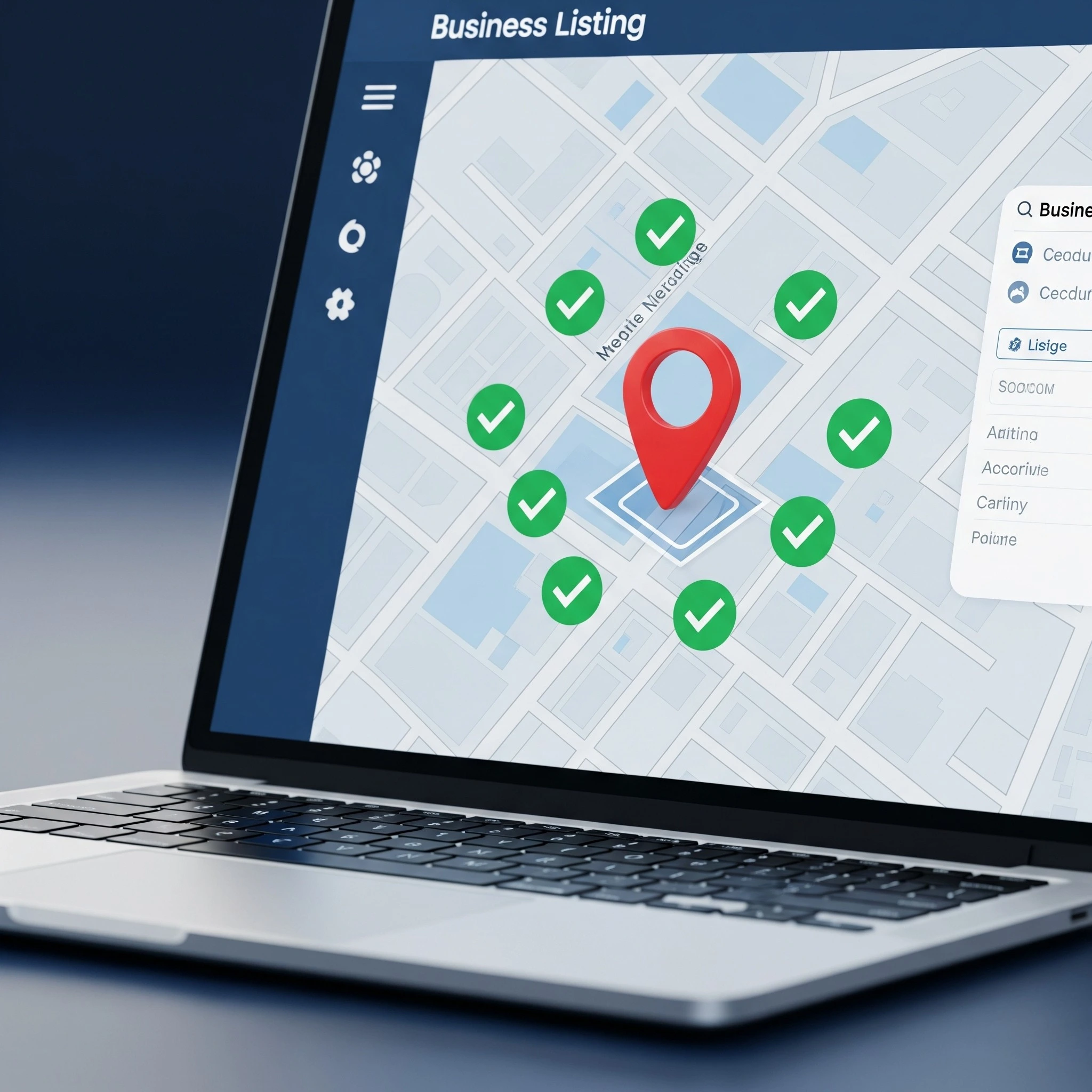 Laptop displaying Google Maps business registration dashboard with green verification checkmarks